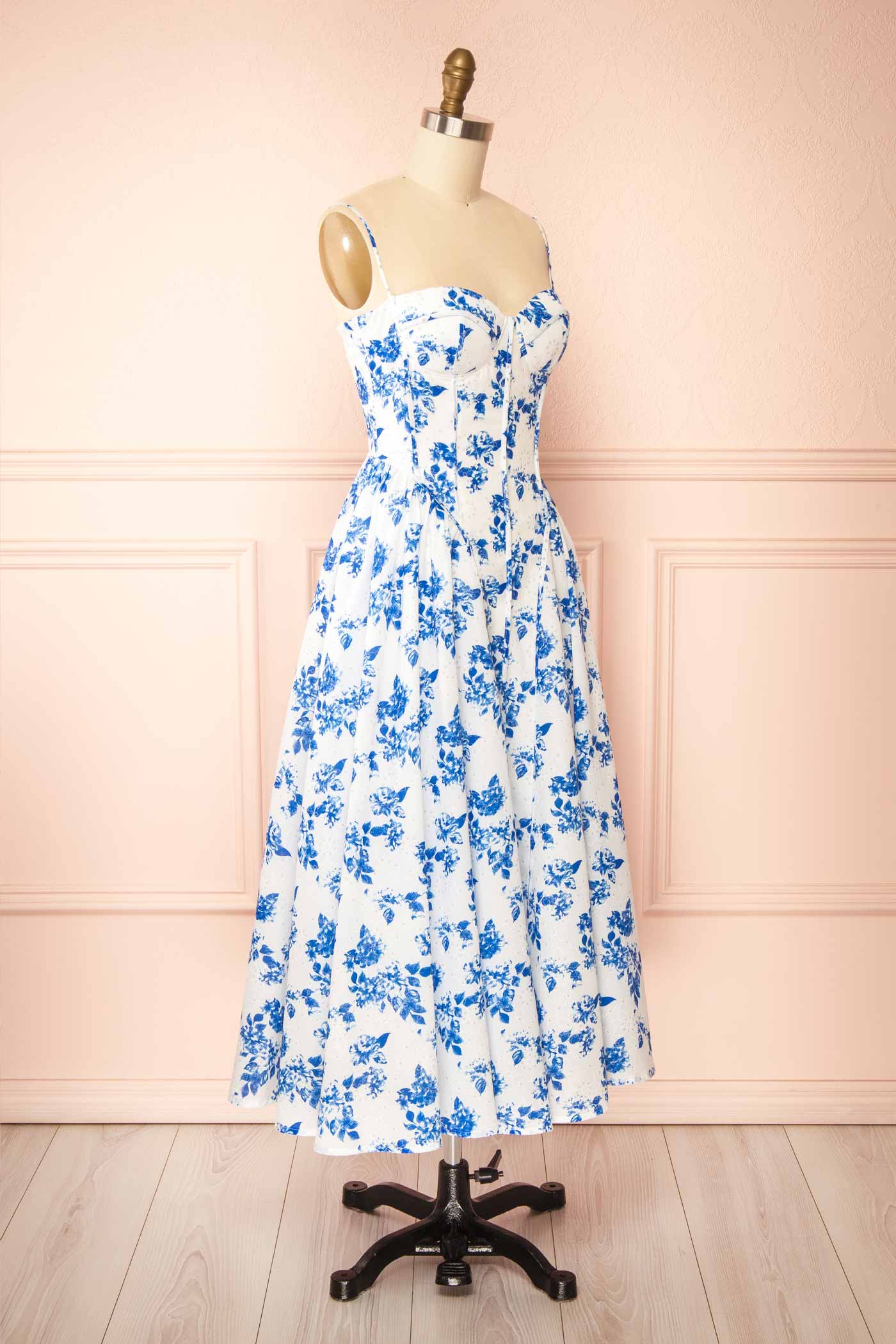 Elasie White Corset Maxi Dress with Blue Floral Pattern | Boutique 1861 side view