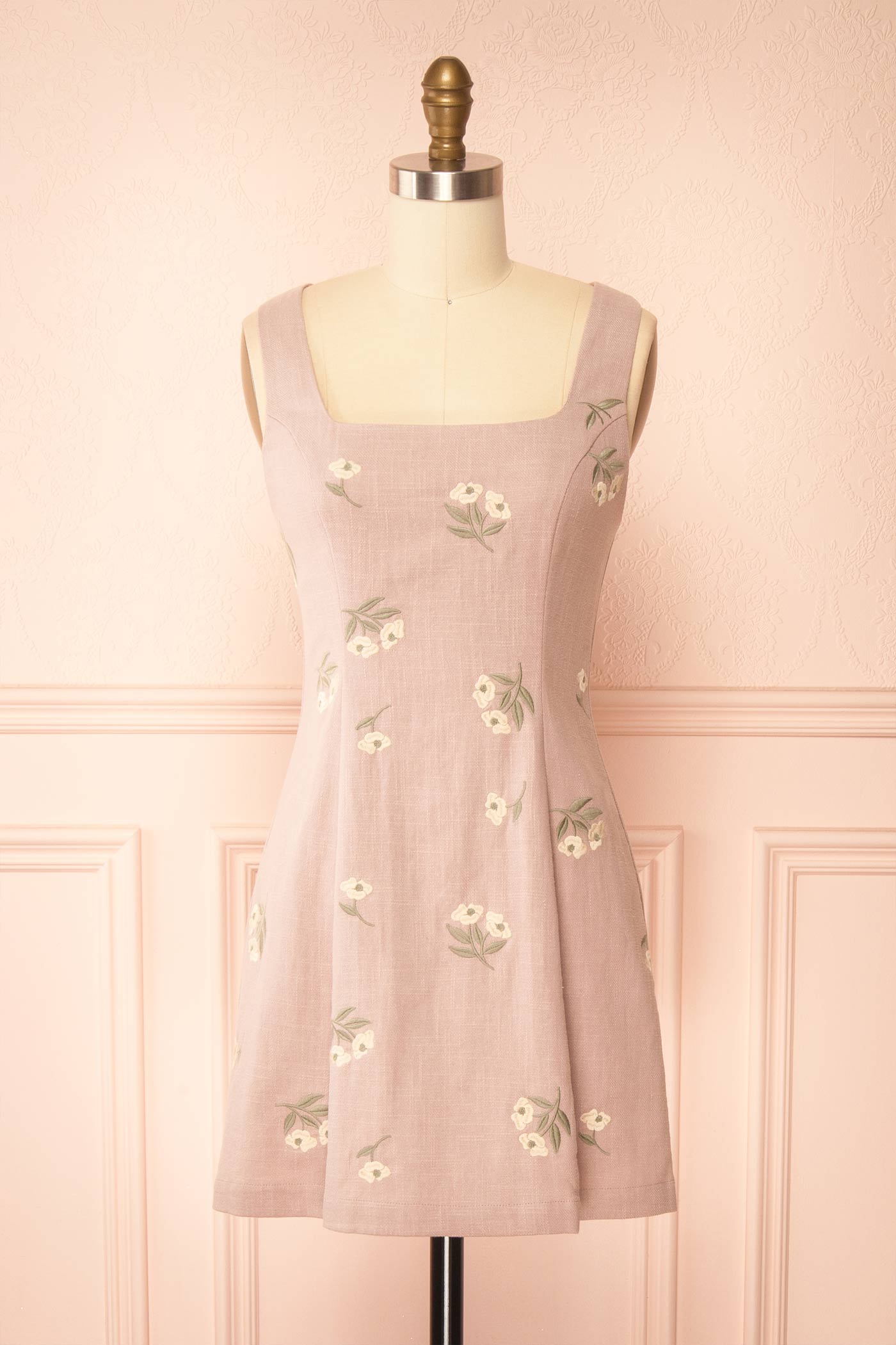 Elmyre Lilac Embroidered Open Back Linen-Blend Mini Dress | Boutique 1861 front view