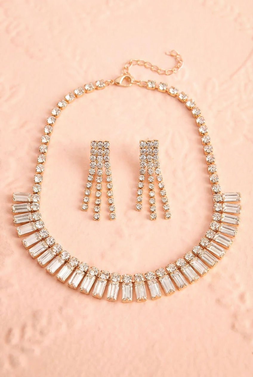 Top shot of a gold sparkling necklace and earrings Emirina with Square Cut Crystal Linked from boutique 1861