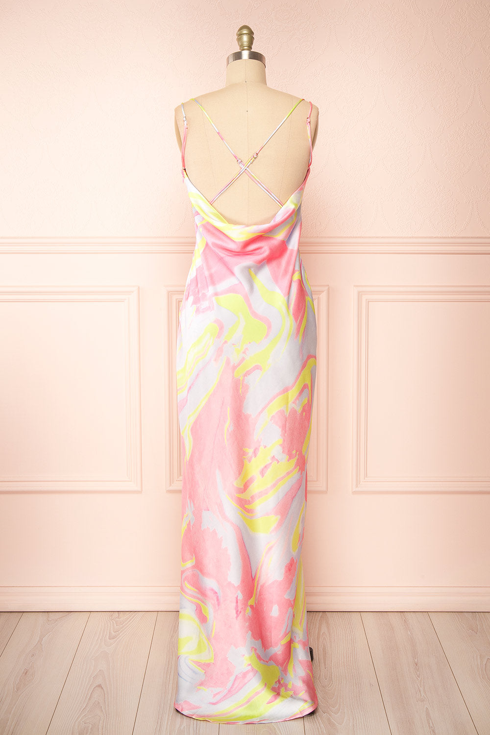 Eulaly Satin Maxi Dress w/ Colorful Marbled Motif | Boutique 1861 back view