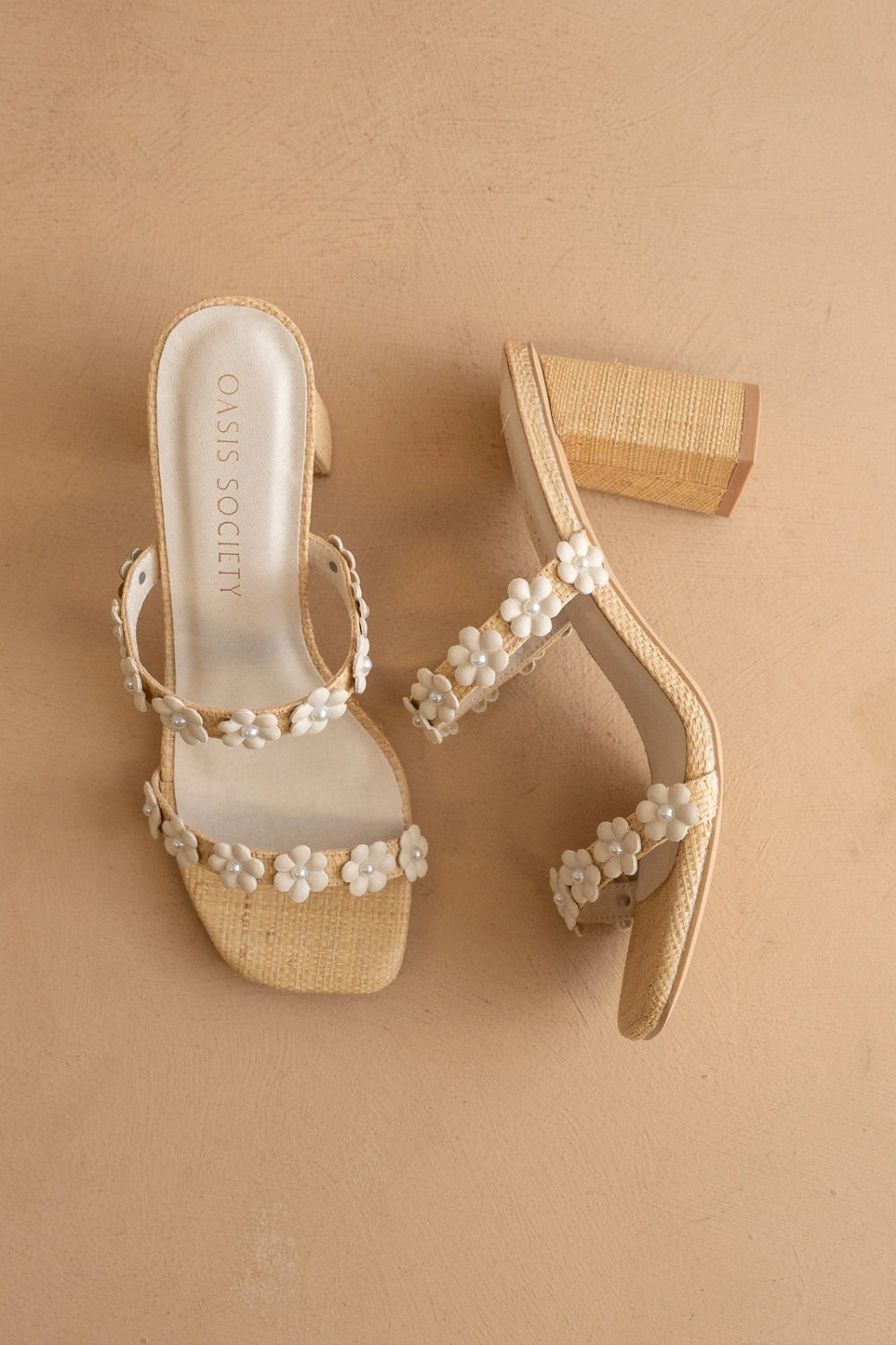 top shot of Feliza Raffia Block Heel Sandals with Floral Appliqués | La petite garçonne