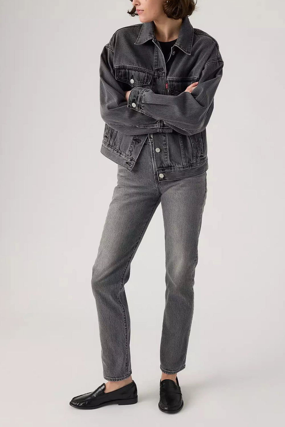 woman wearing Fidenza Slim Leg Grey Denim Pants from La petite garçonne