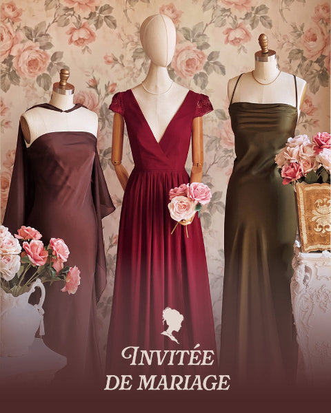 Robes longues bourgogne, brune et vert olive pour invitée de mariage
