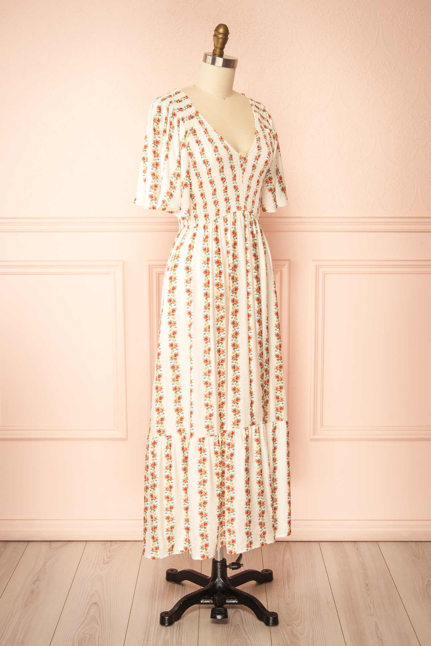 Florabelle Beige Floral Stripe V-Neck Midi Dress with Pockets | Boutique 1861 side view