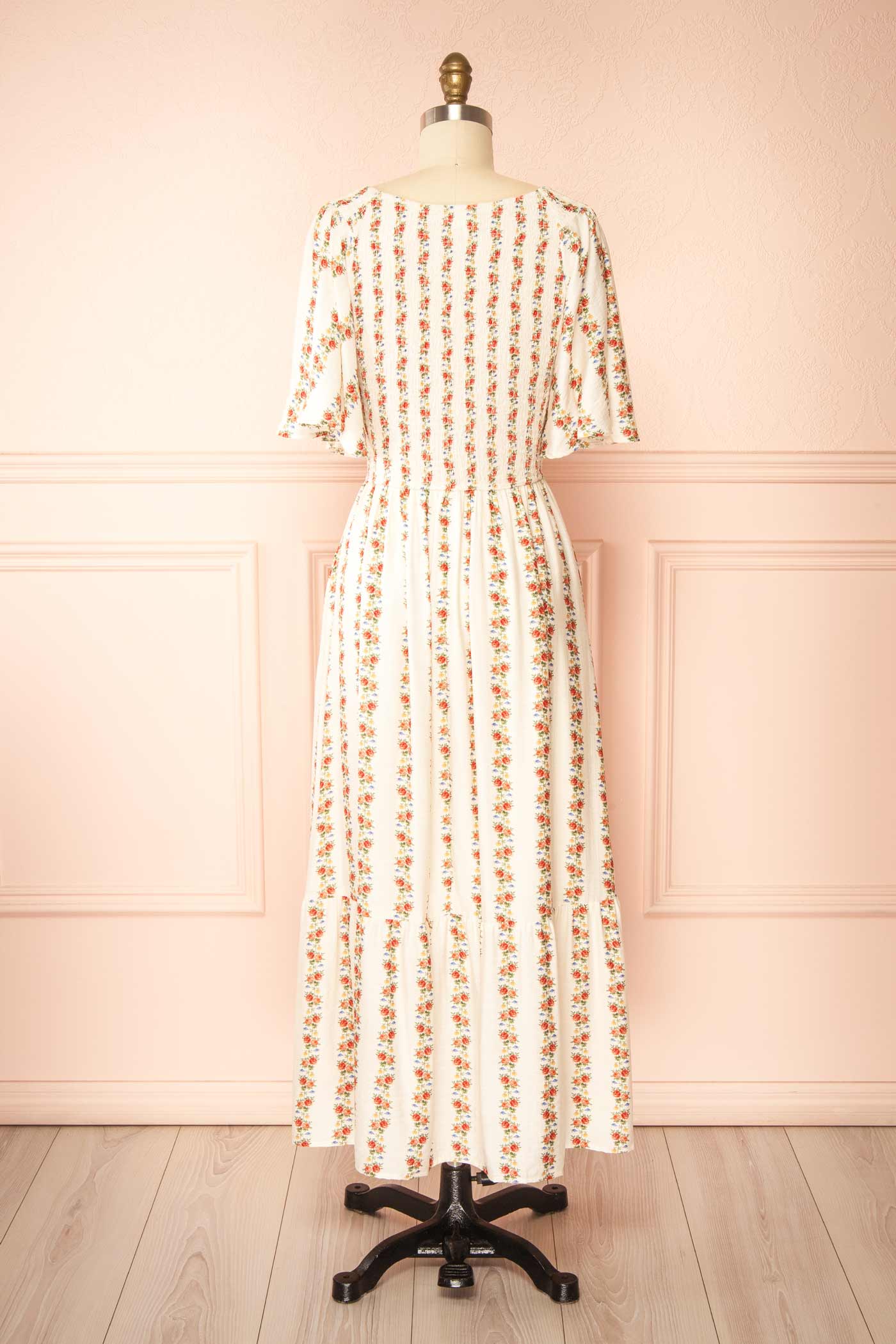 Florabelle Beige Floral Stripe V-Neck Midi Dress with Pockets | Boutique 1861 back view