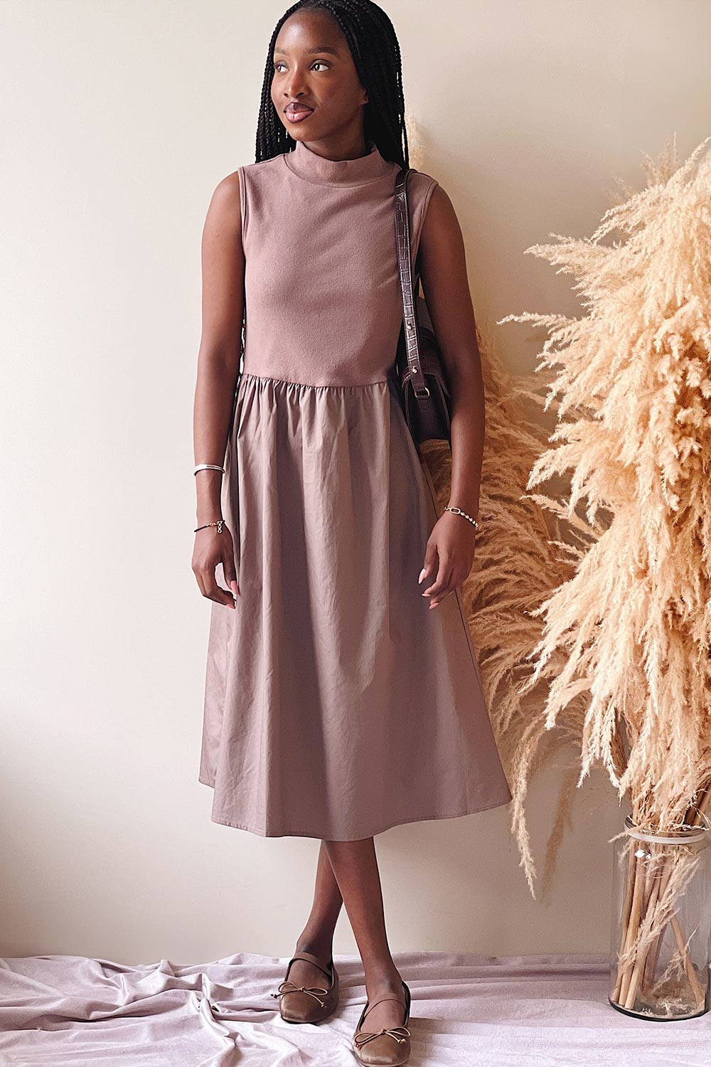 Frell Taupe | Midi Dress w/ Mock Neck on model boutique 1861