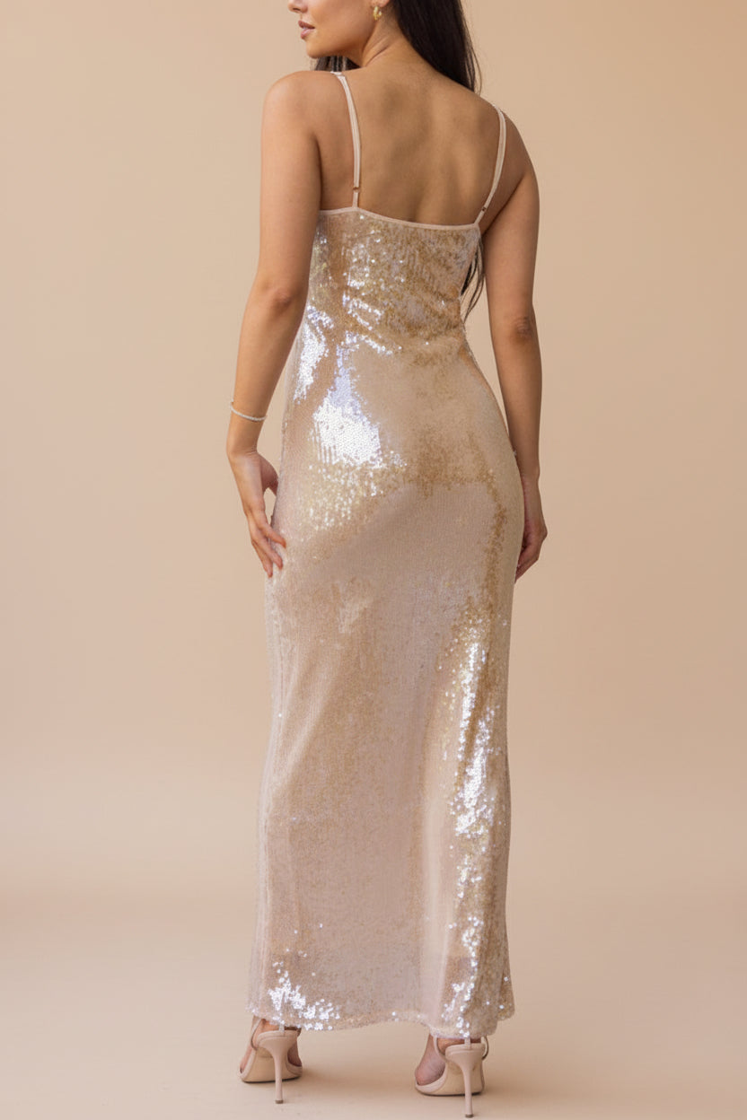 back of a woman wearing Georgiana Beige Sequin Midi Dress with Delicate Straps from Boutique 1861