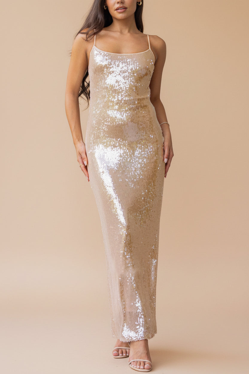 a woman wearing Georgiana Beige Sequin Midi Dress with Delicate Straps from Boutique 1861