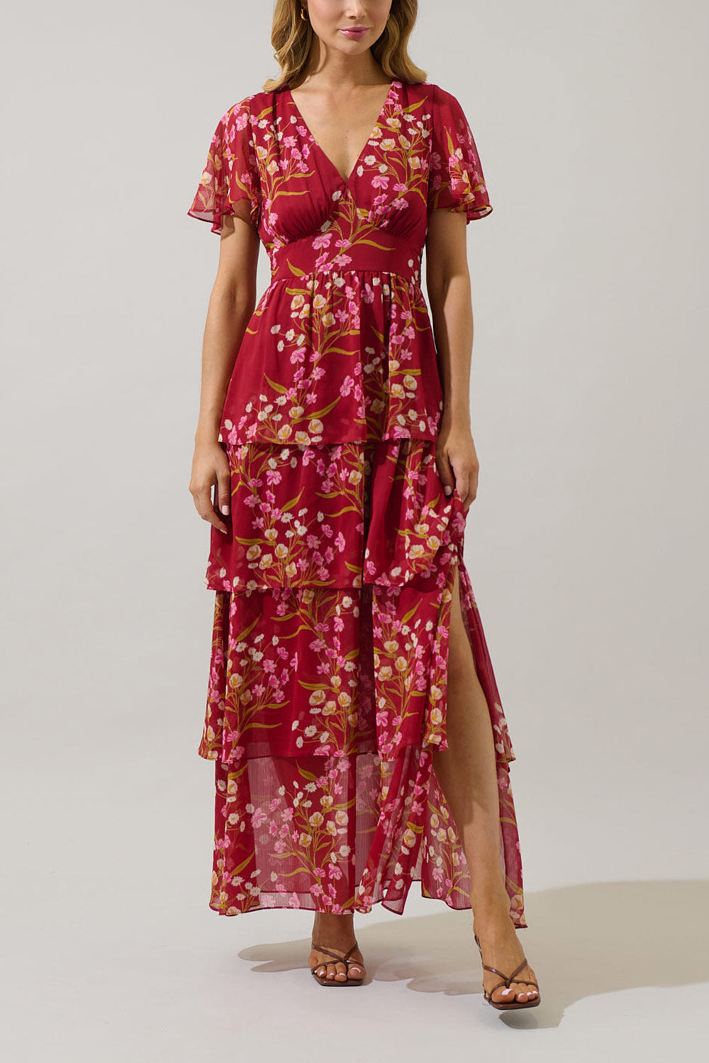 Ginna Tiered Burgundy Maxi Dress with Floral Pattern | Boutique 1861 front model