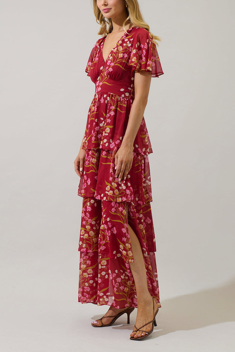 Ginna Tiered Burgundy Maxi Dress with Floral Pattern | Boutique 1861 side model