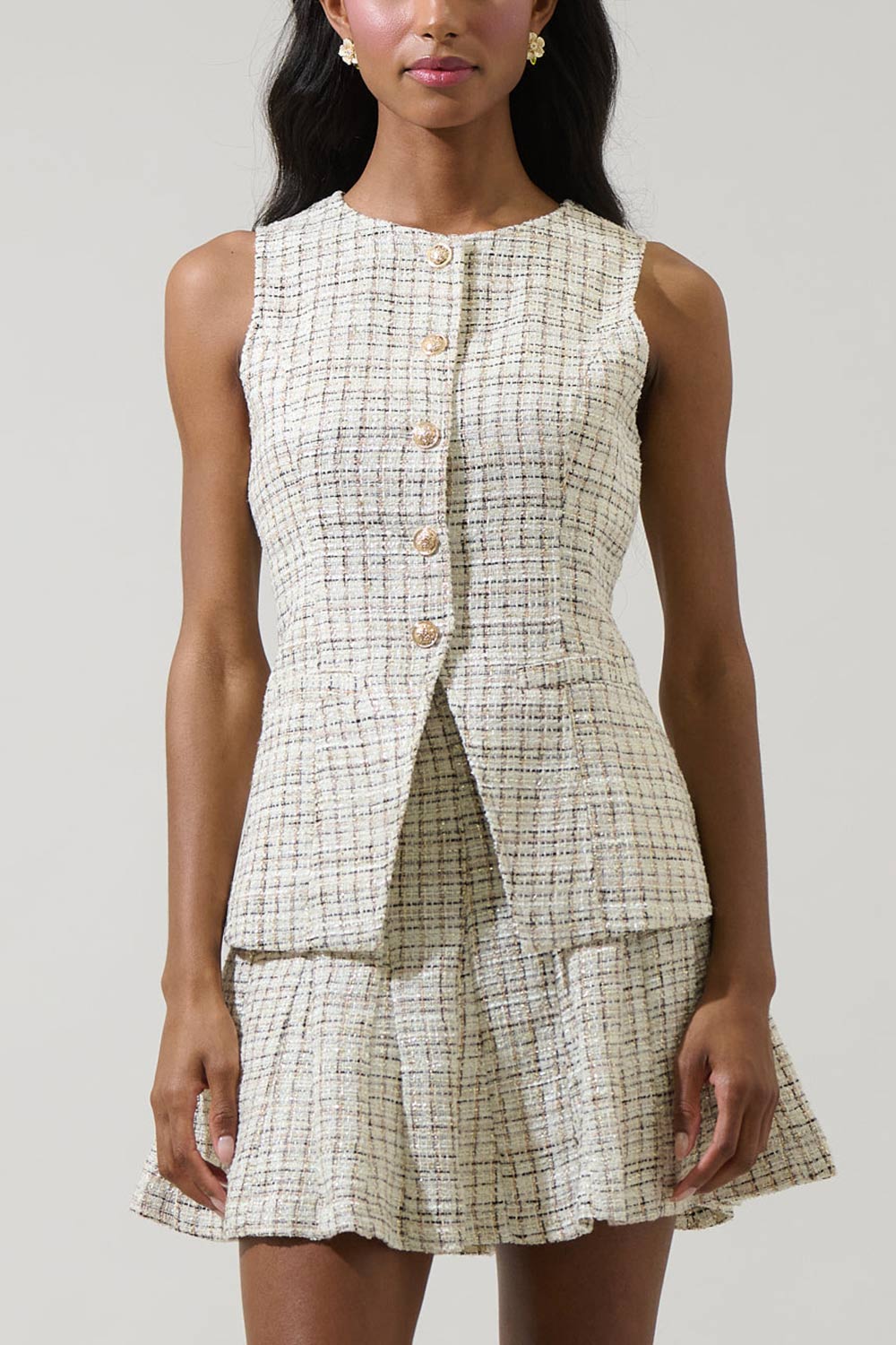 Gisella Sleveless Tweed Top with Gold Buttons | Boutique 1861 front model