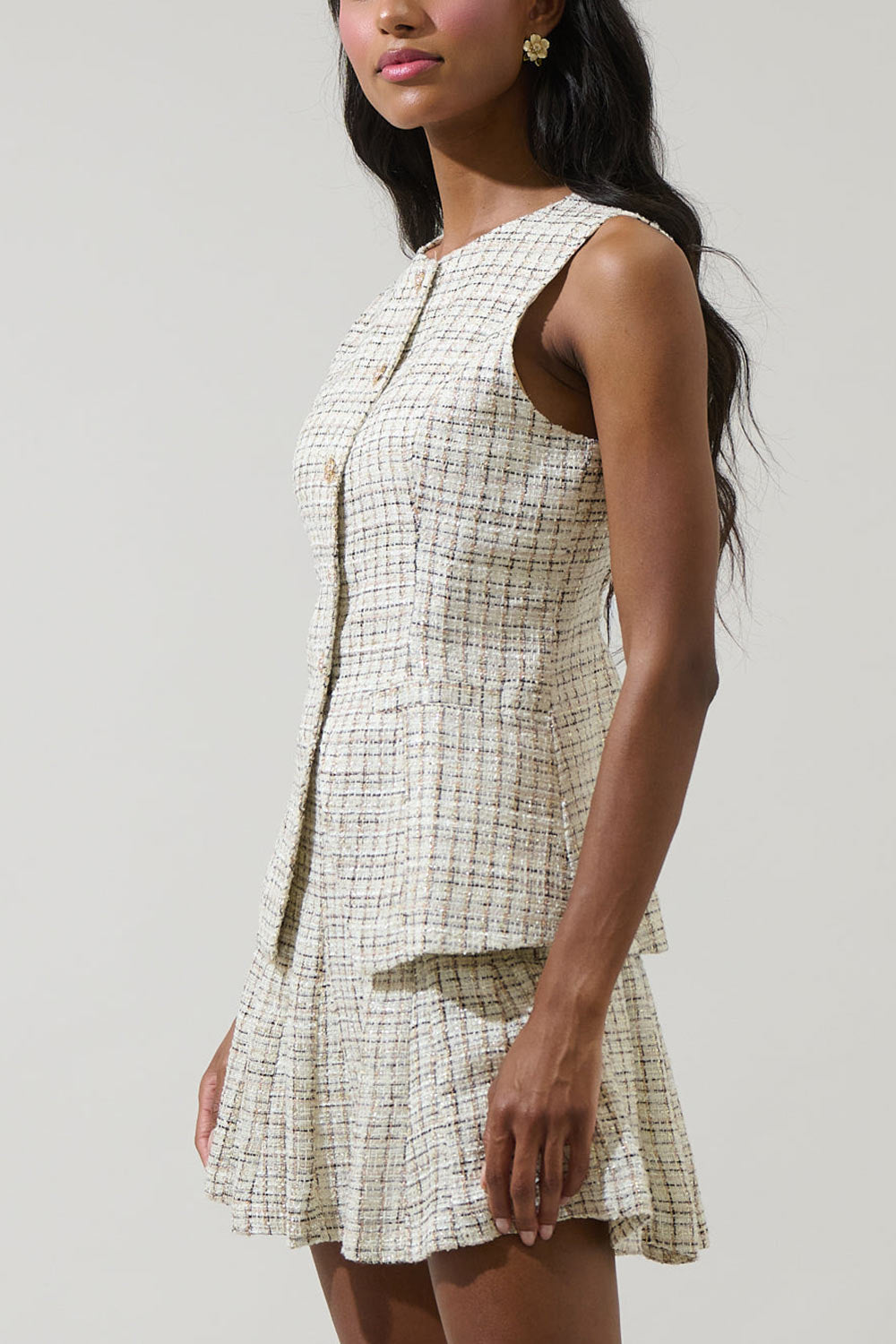 Gisella Sleveless Tweed Top with Gold Buttons | Boutique 1861 side model