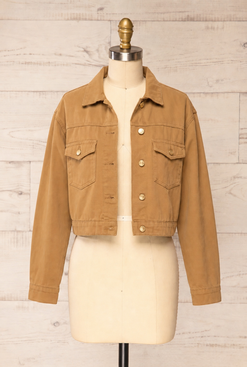 Frontview Godhra Short Caramel Denim Jacket at la petite garçonne