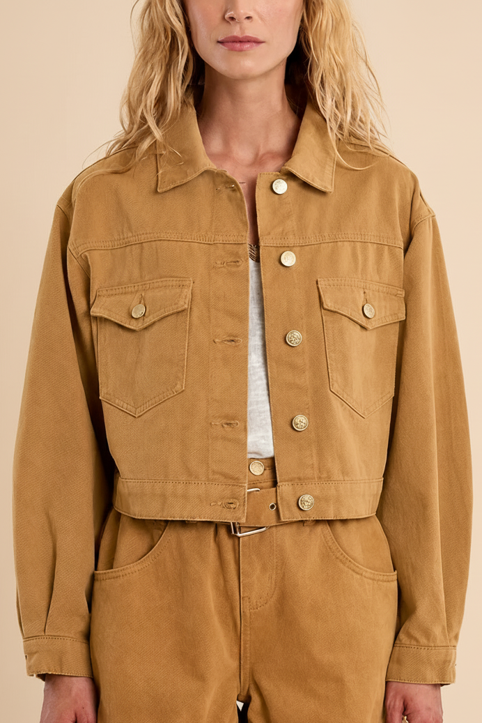woman wearing Godhra Short Caramel Denim Jacket at la petite garçonne