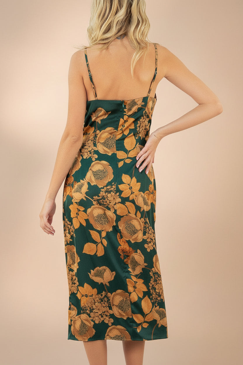 Hinaya Green Floral Cowl Neck Satin Midi Slip Dress | Boutique 1861 back model 