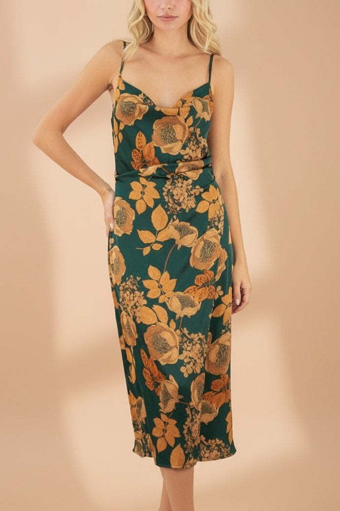 Hinaya Green Floral Cowl Neck Satin Midi Slip Dress | Boutique 1861 front model