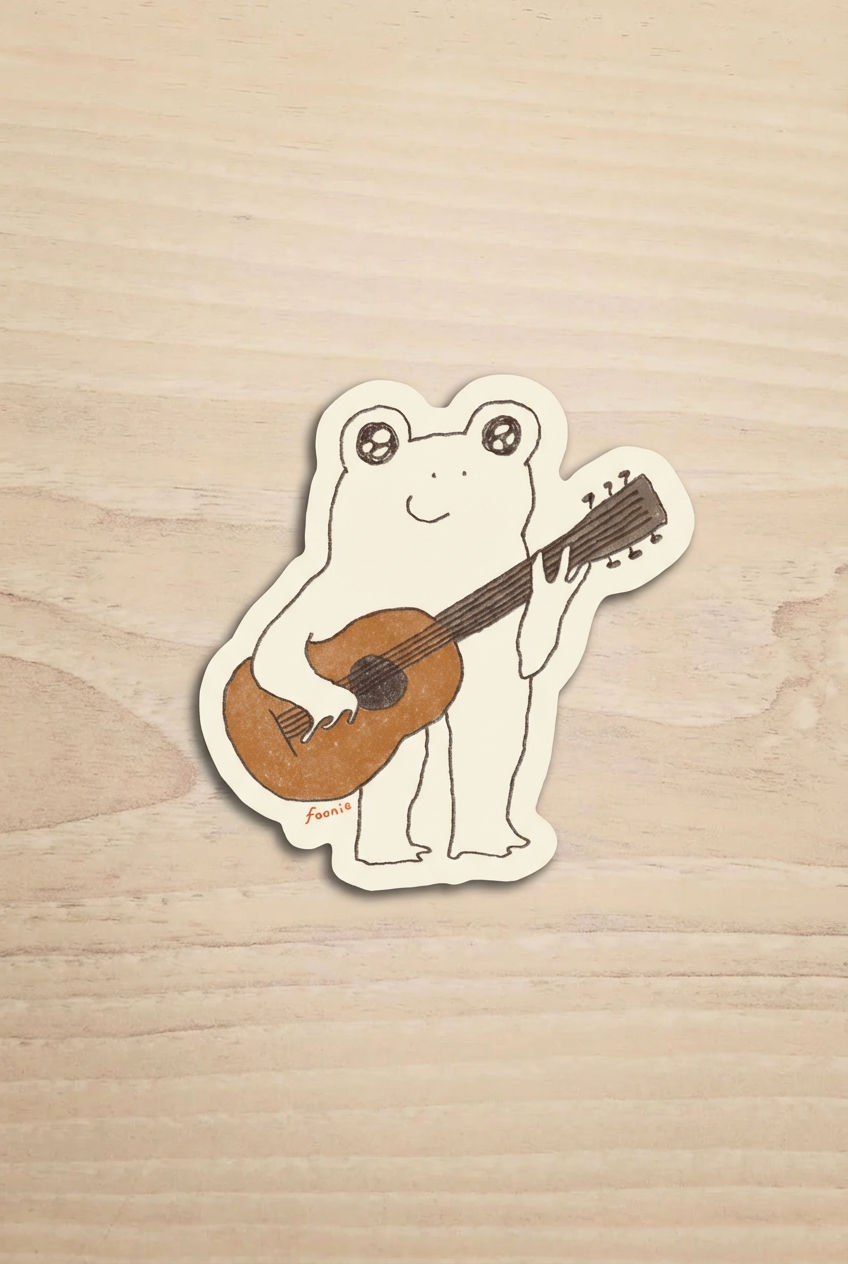 Sticker of a frog playing a guitar on a wooden surface