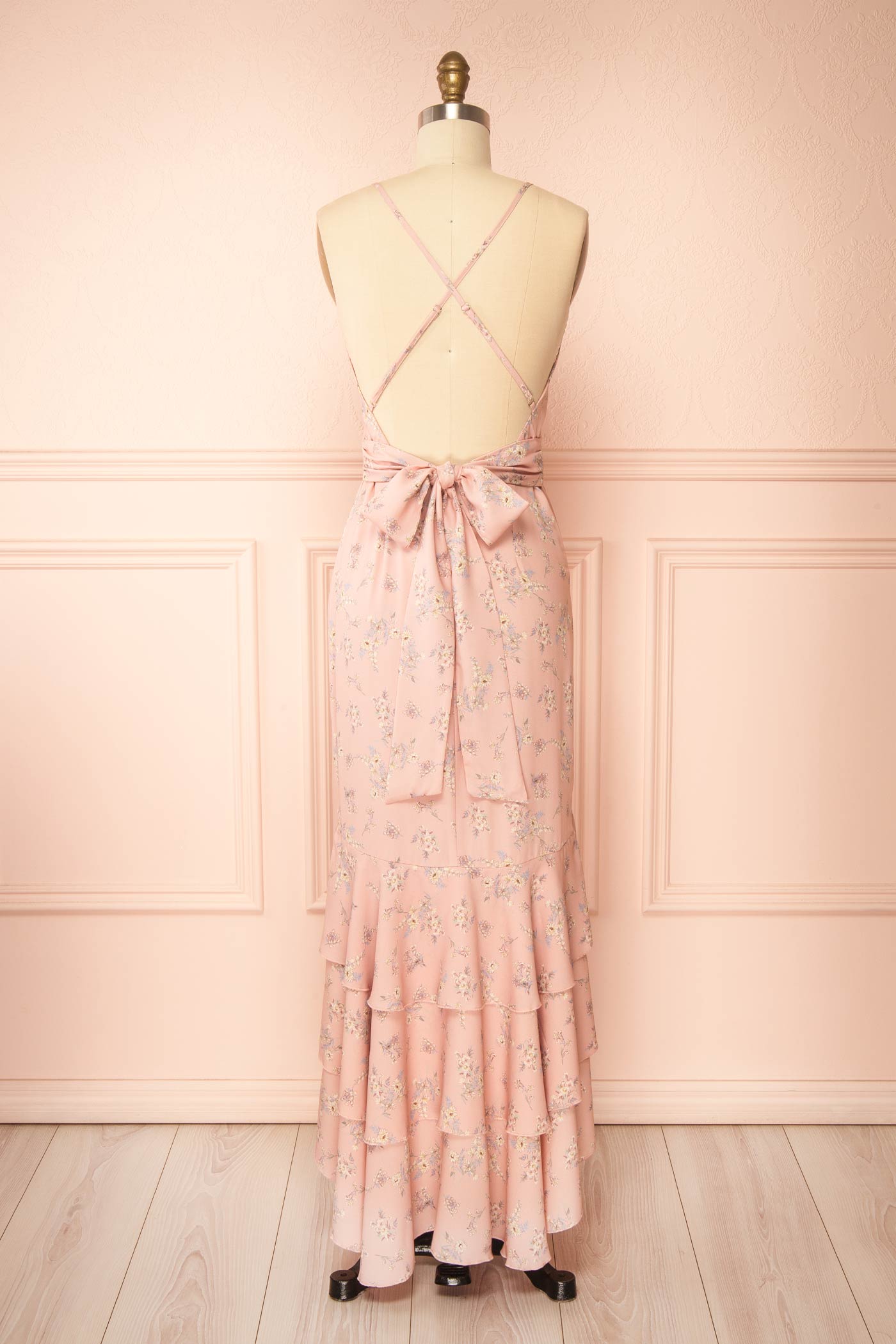 Gastelle Pink Floral Ruffled Maxi Dress with Open Back | Boutique 1861 back view