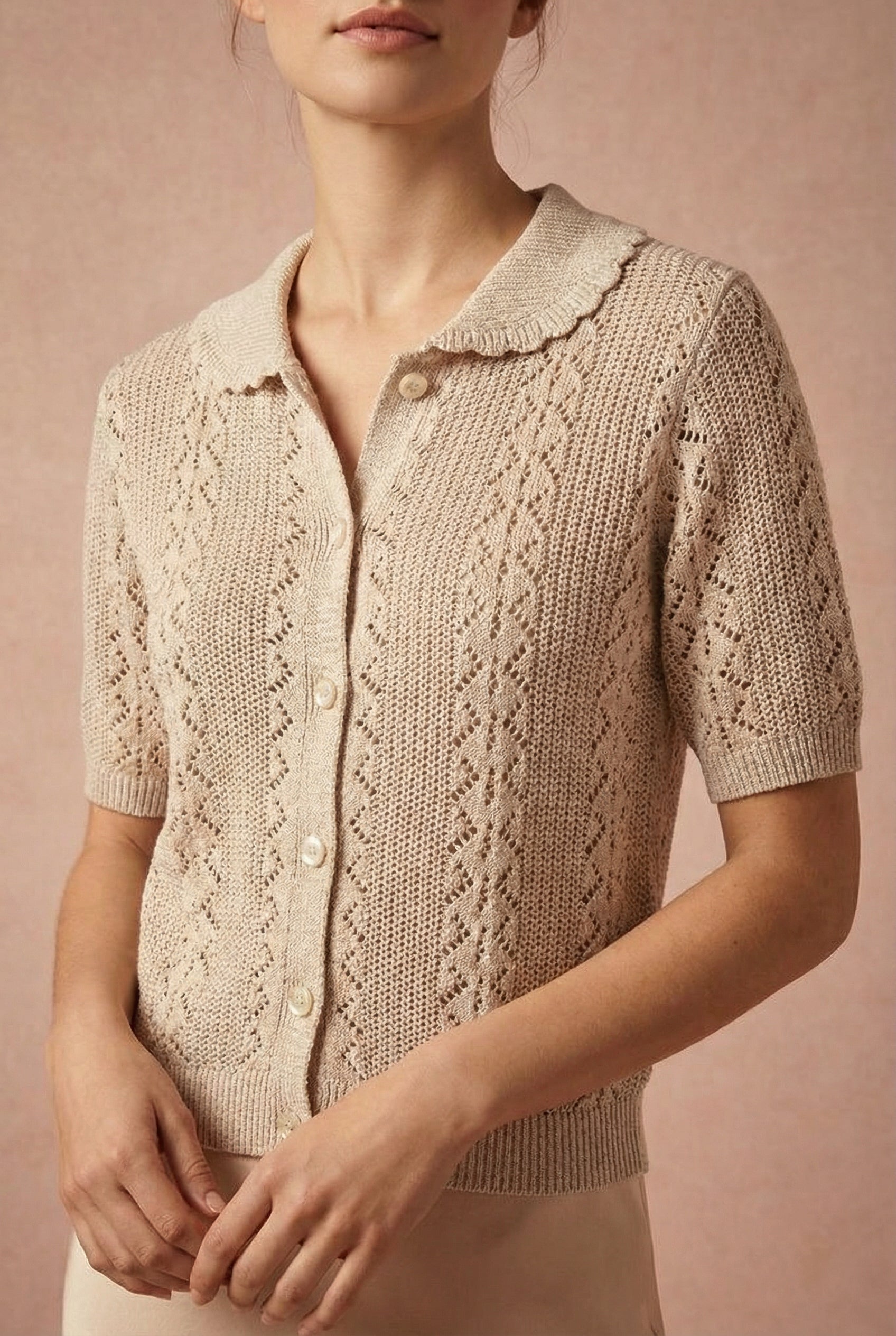 woman wearing Gertie Beige Openwork Short Sleeve Cardigan | Boutique 1861 front