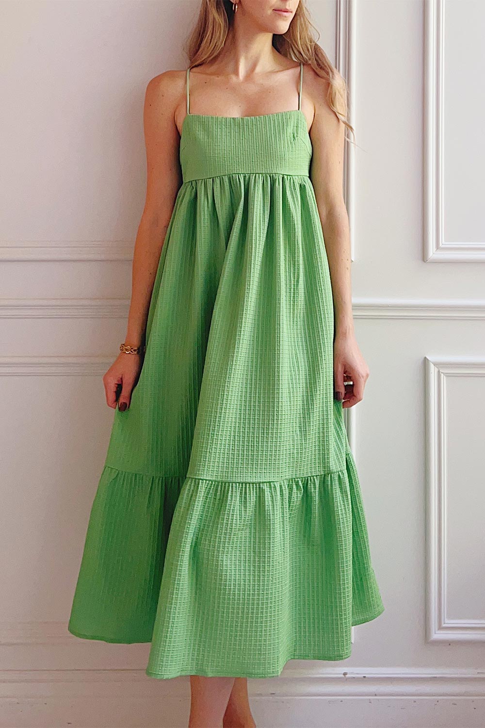 Gilli Green Waffle Weave Midi Babydoll Dress | Boutique 1861 on model