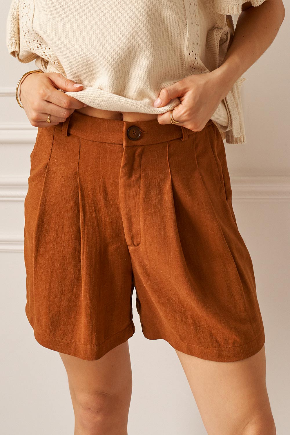 Grayce Rust High-Waisted Shorts by Dailystory | La petite garçonne close-up