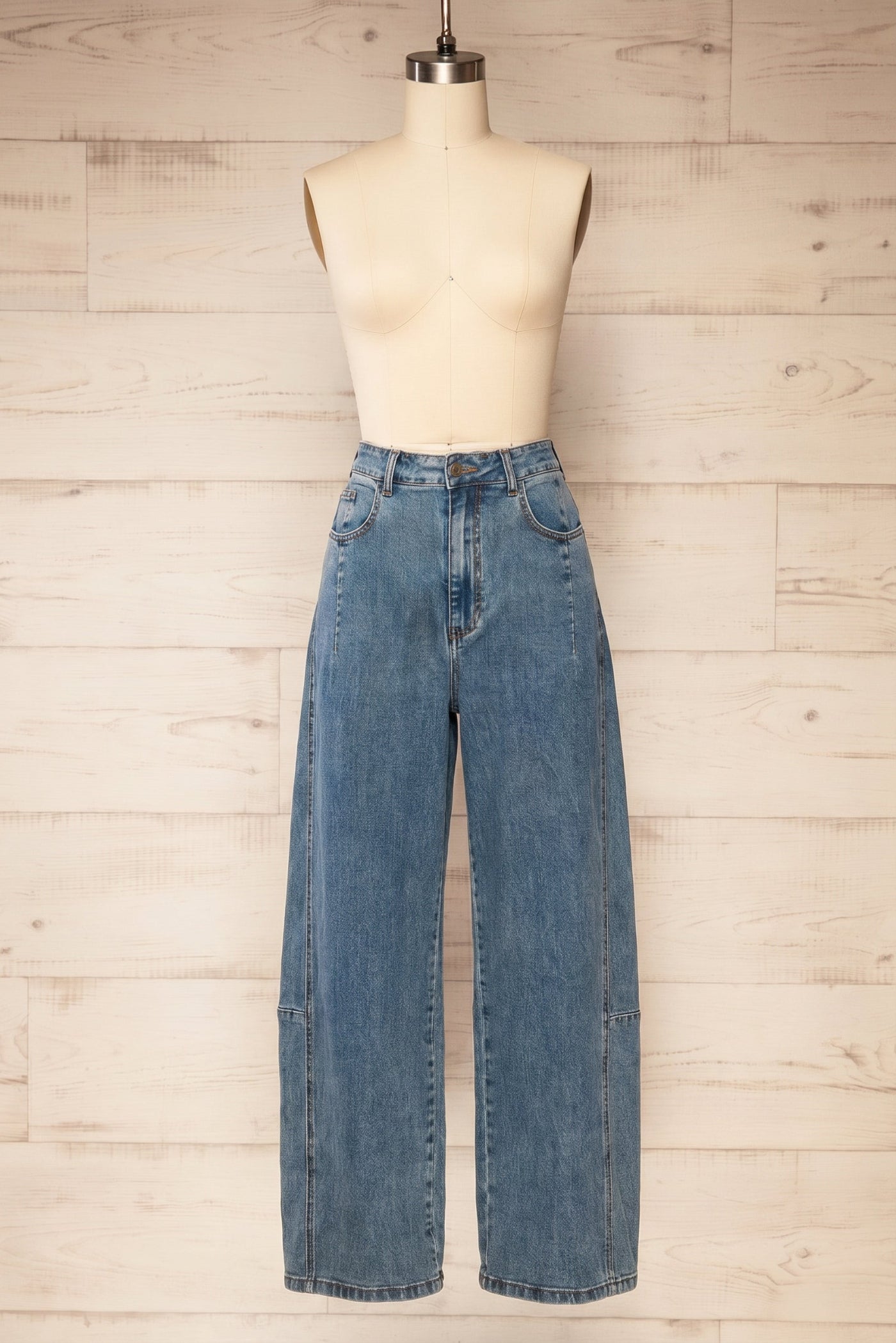 Frontview of Hathras Blue Demin Barrel Pants at la petite garçonne