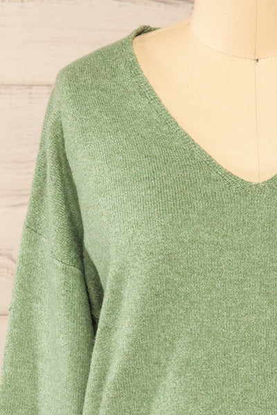 Havre Green Soft V-Neck Knit Sweater | La petite garçonne front close-up