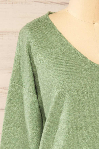 Havre Green Soft V-Neck Knit Sweater | La petite garçonne  side close-up