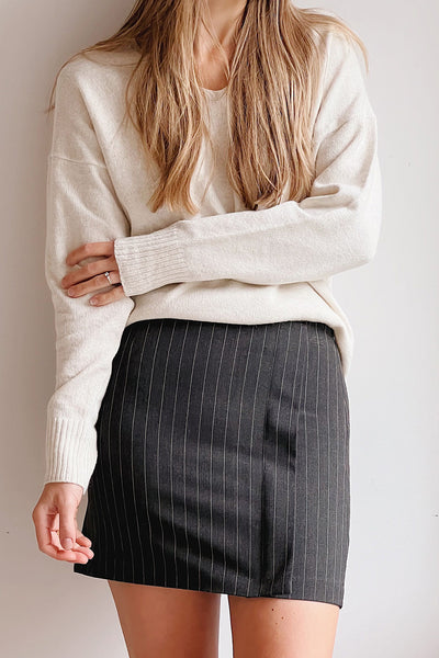 Kolwezi Short Grey Pinstripe Skirt | La petite garçonne on model