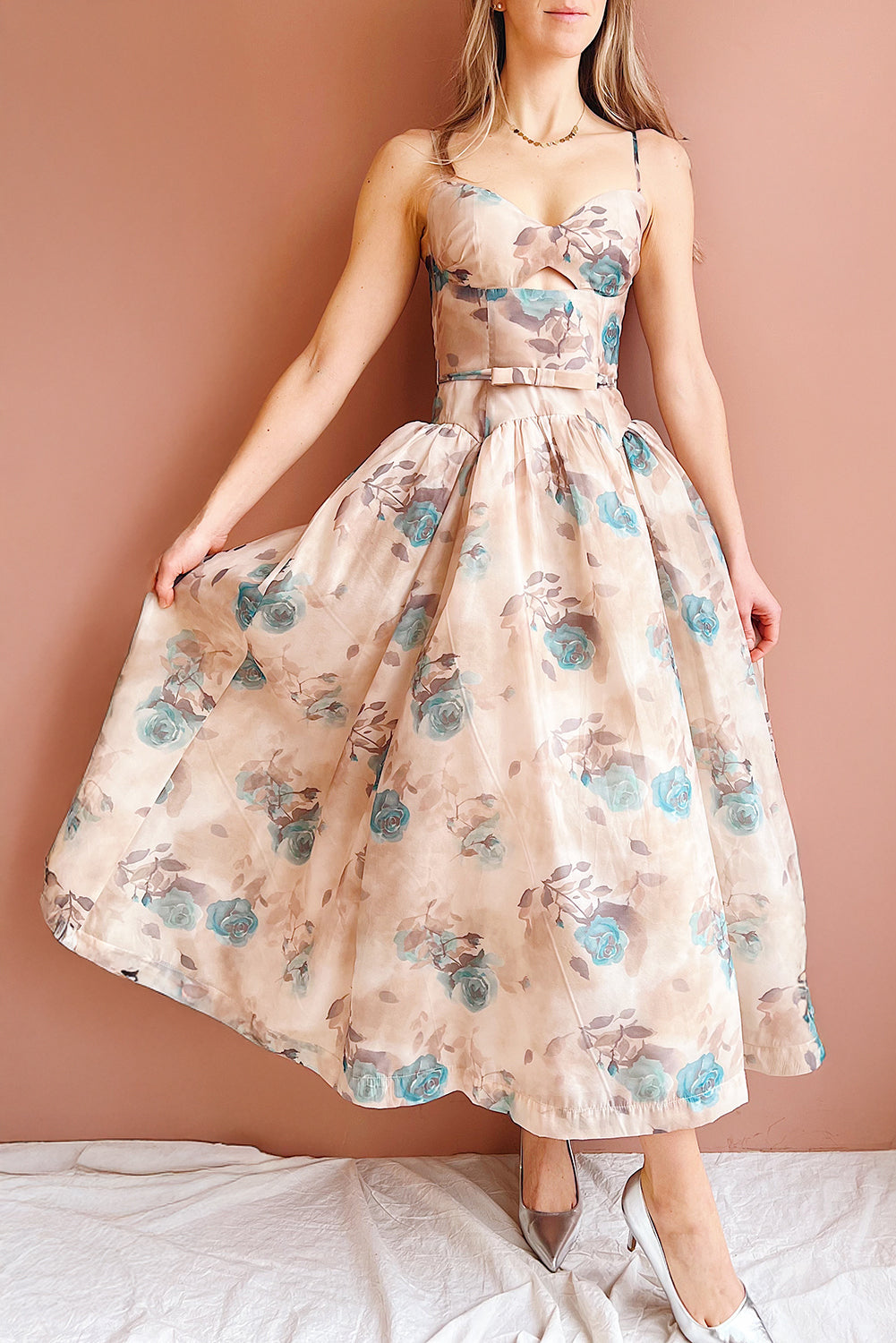 Woman wearing Helenia Long Floral Dress with Sweetheart Neckline from Boutique 1861 