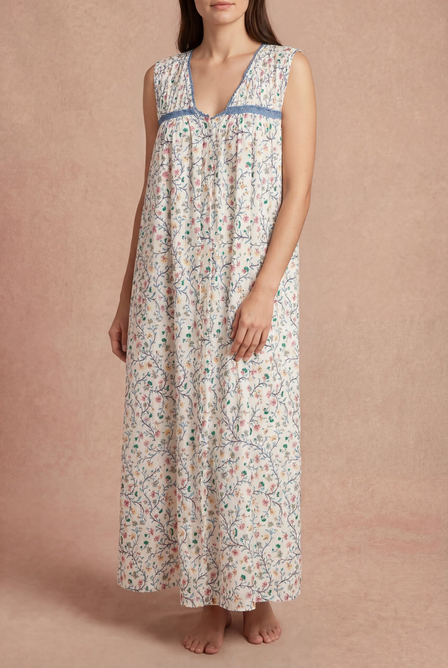 woman wearing Holland Floral Maxi Nightgown with Crochet Details by April Cornell 