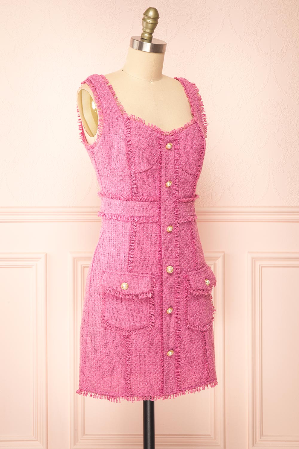 Ismay | Pink Tweed Fitted Dress w/ Pearl Buttons