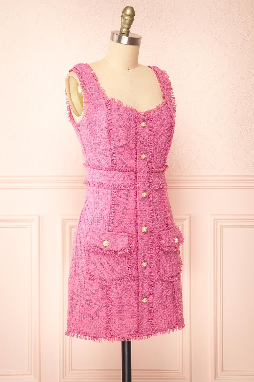 Ismay Pink Tweed Dress w/ Pearl Buttons
