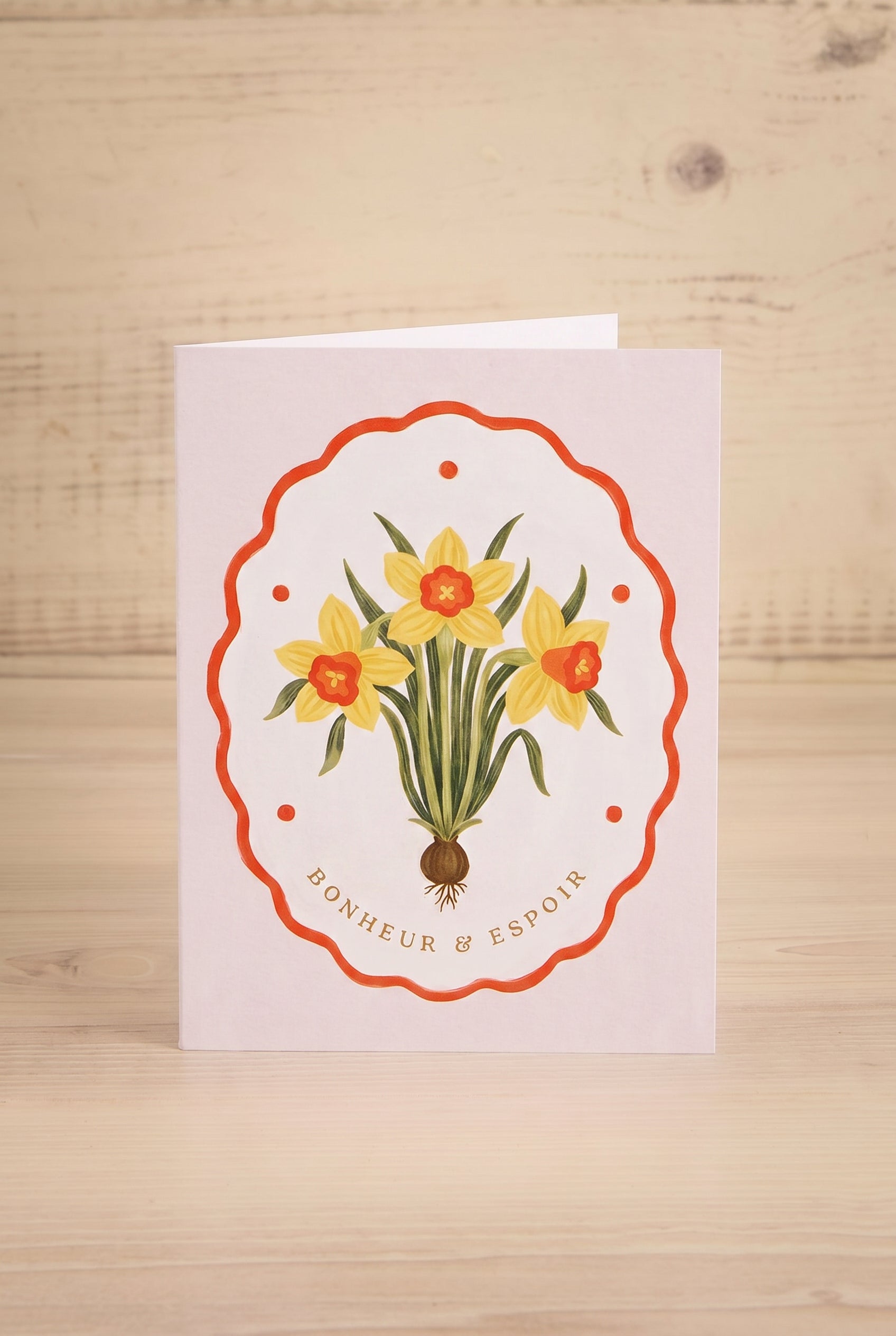 photo of a greeting card at maison garçonne that says bonheur et espoir illustration by Marie-Lise