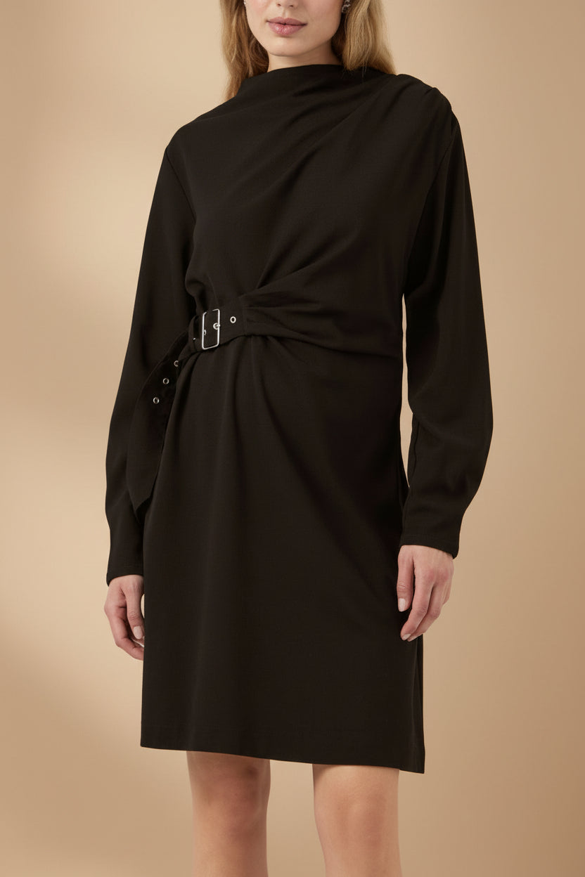 Front-view of a Woman wearing Kakina, a Black Short Blazer Dress with Waist Belt from la petite garçonne