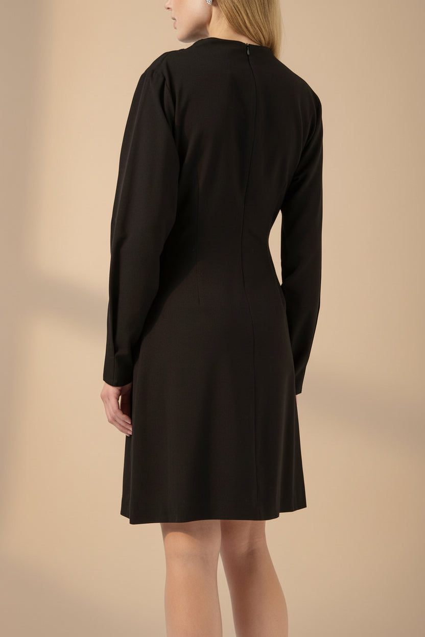 back view of a Woman wearing Kakina, a Black Short Blazer Dress with Waist Belt from la petite garçonne