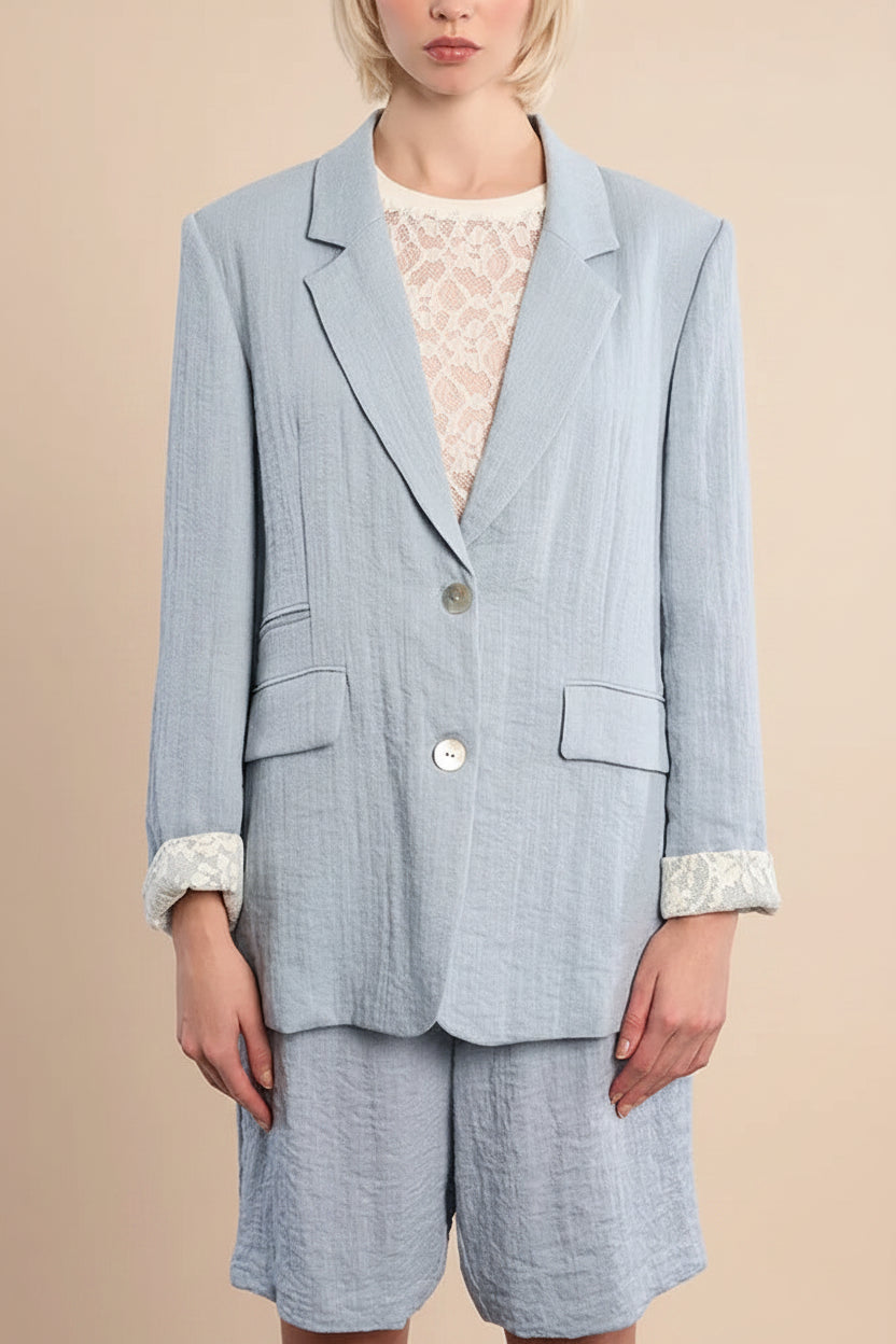 Woman wearing Kandla Oversized Light Blue Blazer with Lace Cuff Detail from la petite garçonne