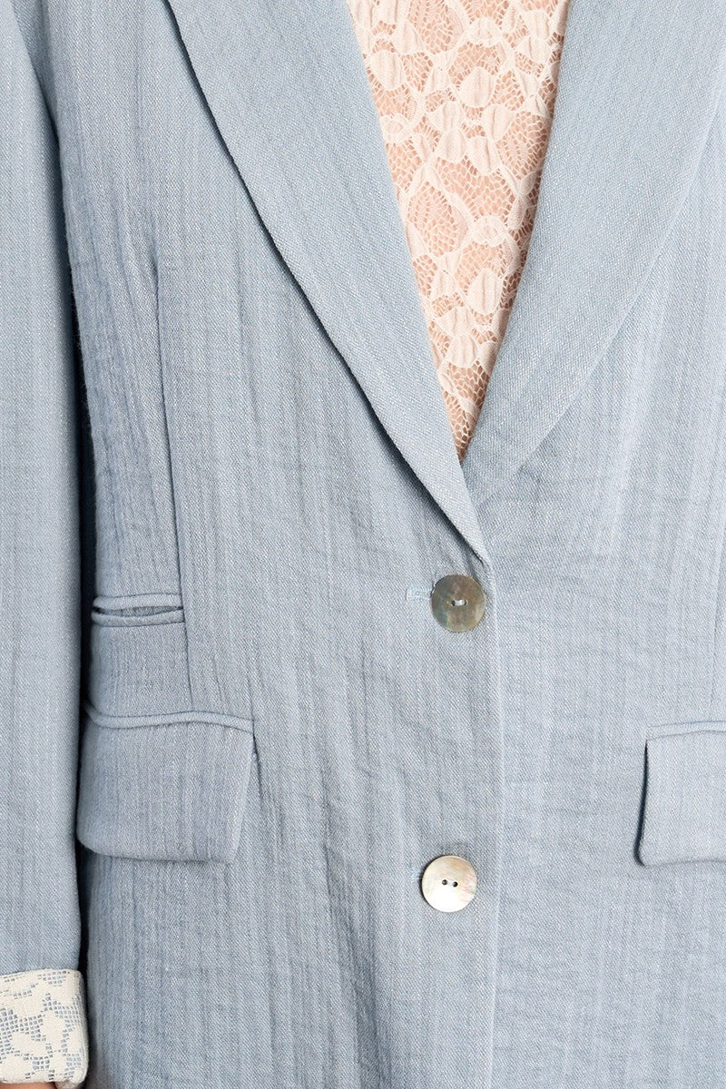 Close-up of a Woman wearing Kandla Oversized Light Blue Blazer from la petite garçonne
