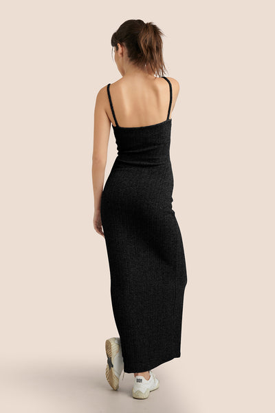 Katherine Black Knit Maxi Dress w/ Thin Straps | La petite garçonne back on model