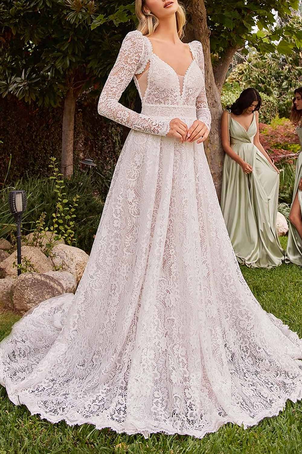 front of a woman wearing  Katina Lace Bridal Dress with Removable Sleeves from Boudoir 1861