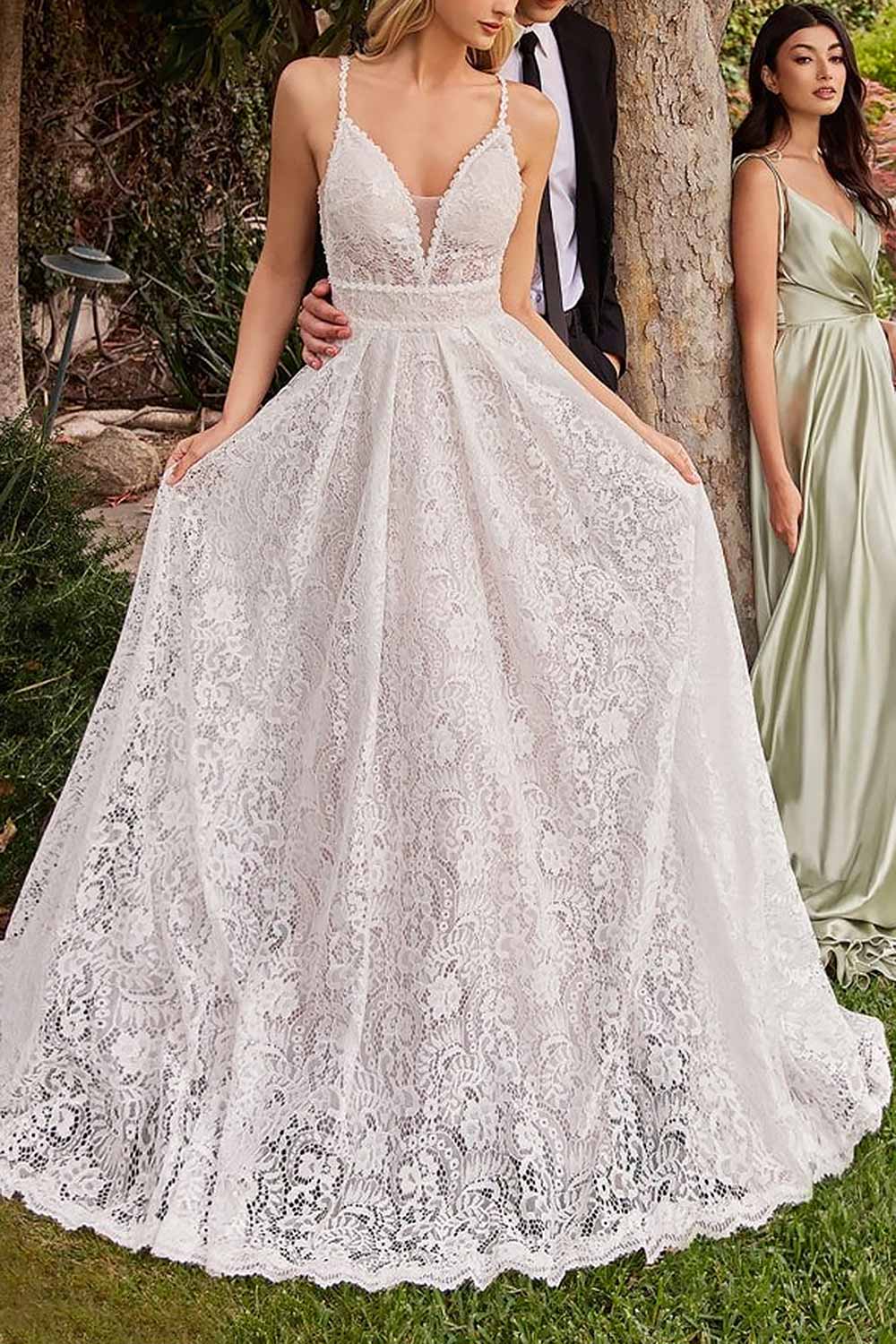 front of a woman wearing  Katina Lace Bridal Dress with Removable Sleeves from Boudoir 1861 no sleeves