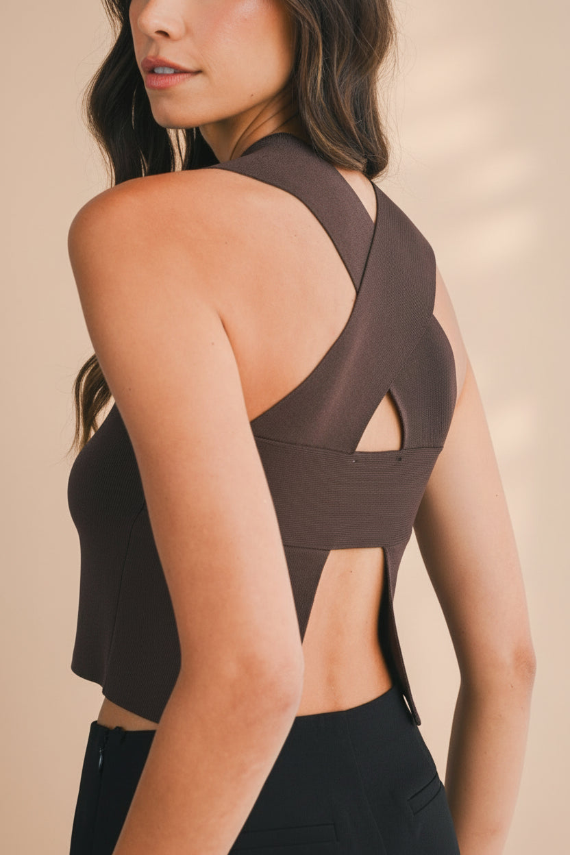 Back view of a woman wearing a Kerang Brown Ribbed Crop Top from La petite garçonne