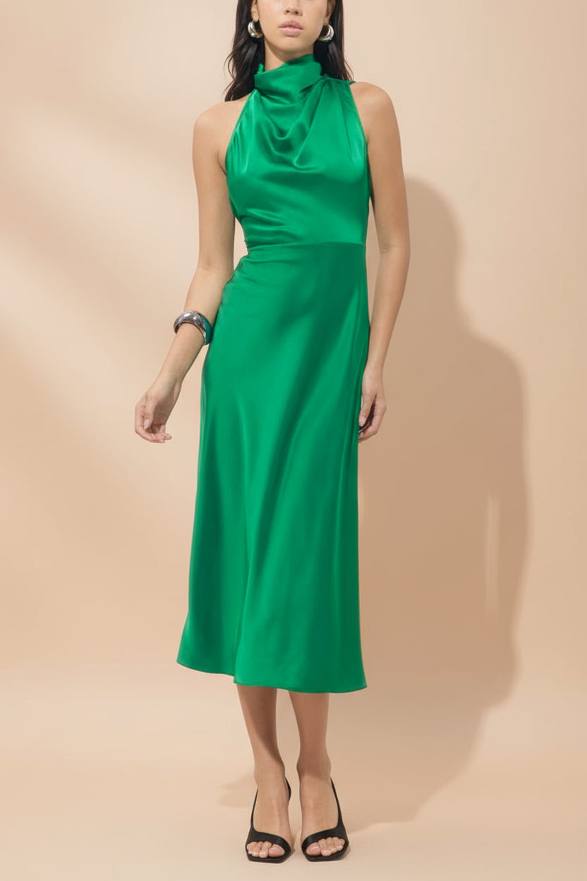 Khaoula Green Satin Halter Neck Dress | Boutique 1861 model front
