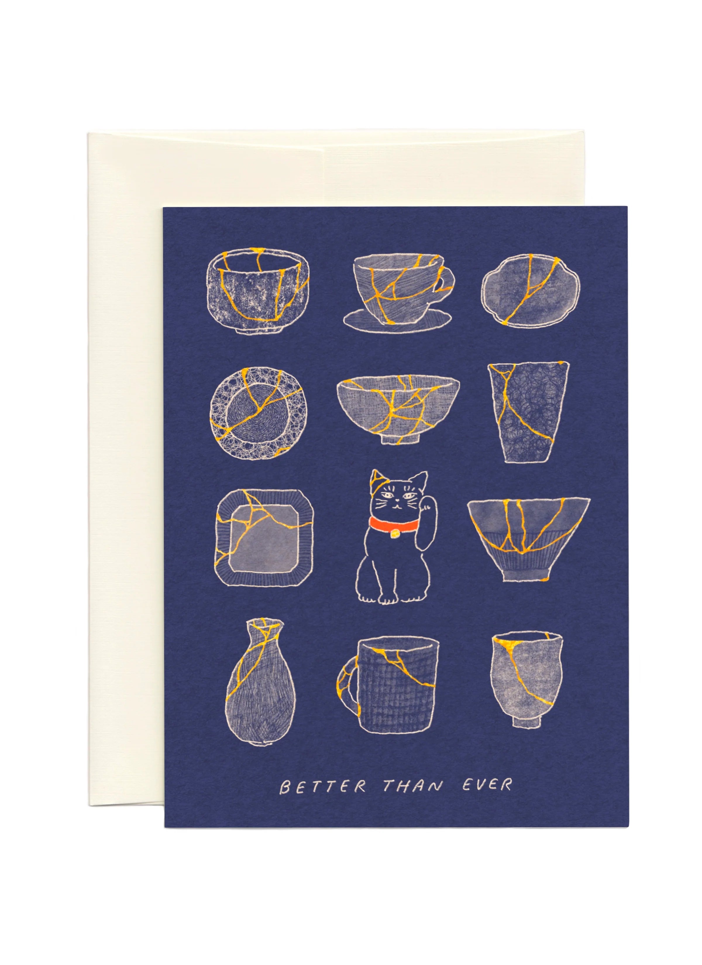 Greeting card with illustrations of broken ceramic pieces and a cat, on a blue background.