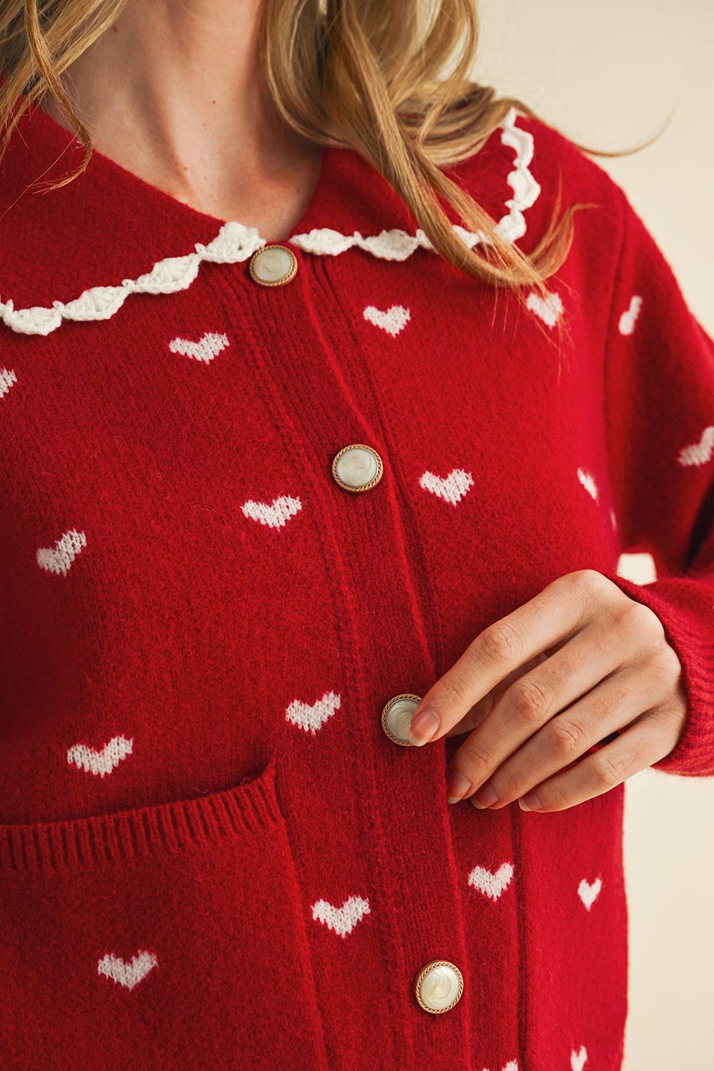 Kristeen Red Knit Cardigan with Heart Pattern from Boutique 1861 details 