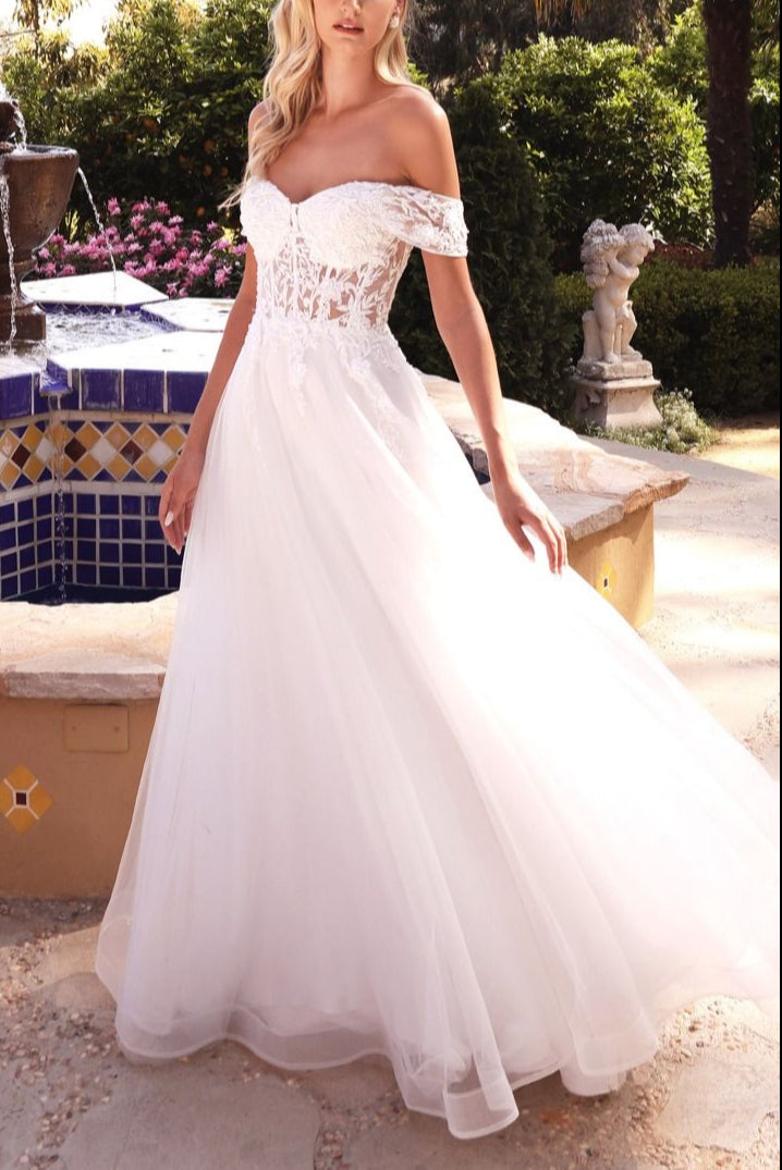 Kahena | Off-The-Shoulder Bridal Gown w/ Floral Embroidery- boutique 1861 on model profile view