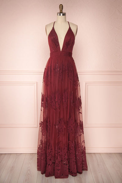 Kailania Burgundy Plunging Neckline Maxi Gown | Boutique 1861 front view