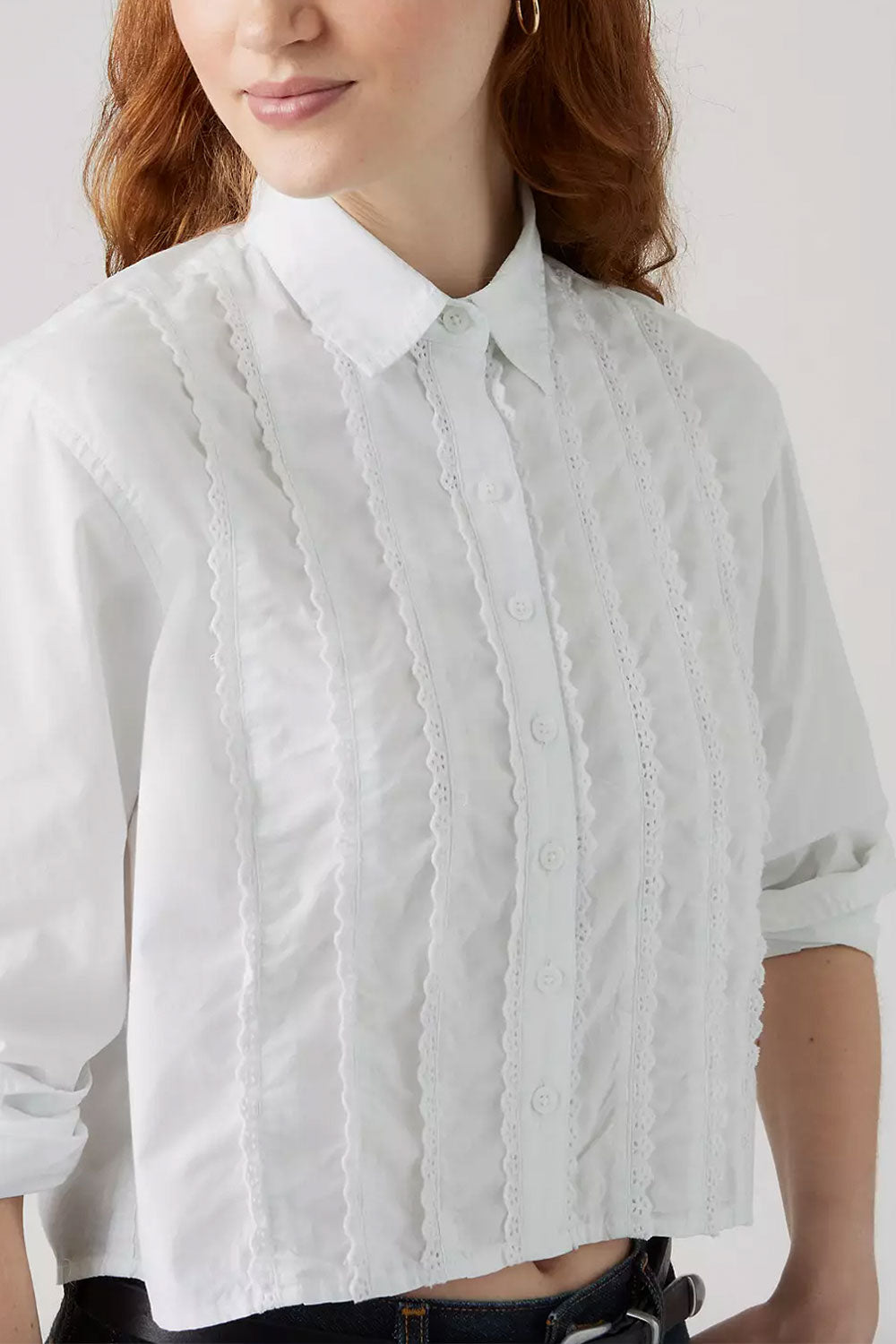 Woman wearing Kasoa White Shirt with Floral Lace from La petite garçonne front