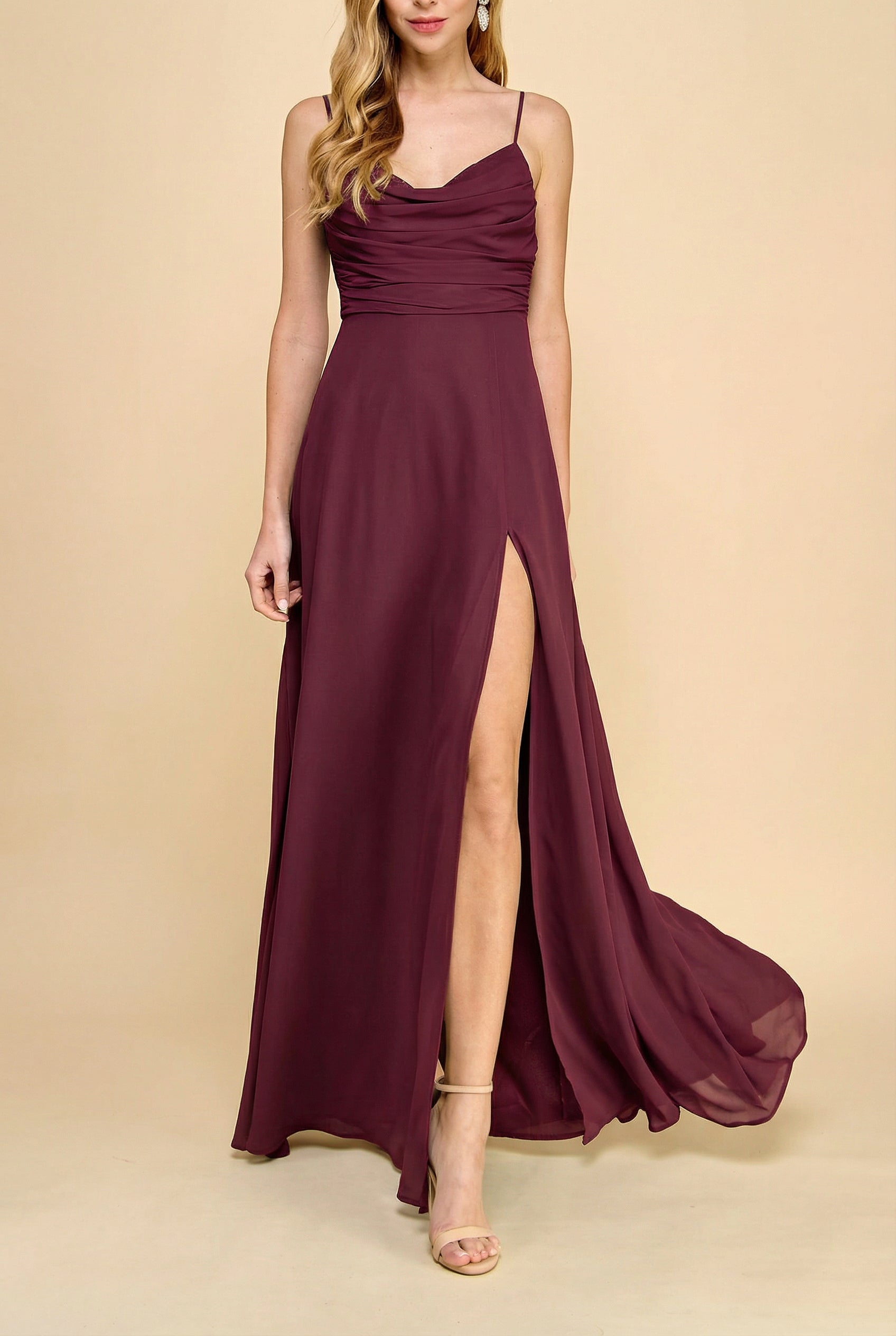 frontview woman wearing Kieran Burgundy A-Line Maxi Dress with Lace from Boutique 1861 