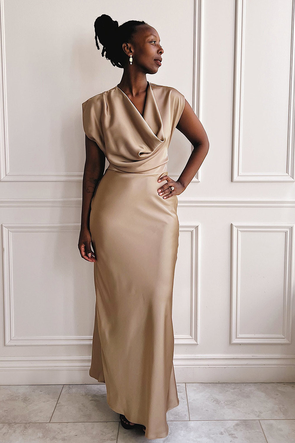 Korpa Champagne Satin Maxi Dress w/ Cowl Neck | Boutique 1861 front model